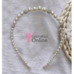 Bentita pentru par cu perle Cod W018 Albe si decor cu Marsala